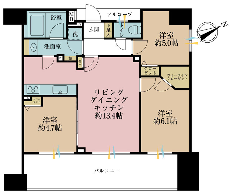 間取り 3LDK、専有面積62.9?、バルコニー面積16.35?
