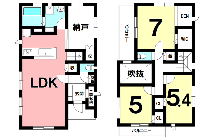 間取り 3LDK、納戸、ウォークイン、2面バルコニー、吹き抜け【建物面積97.93m2(29.62坪)】