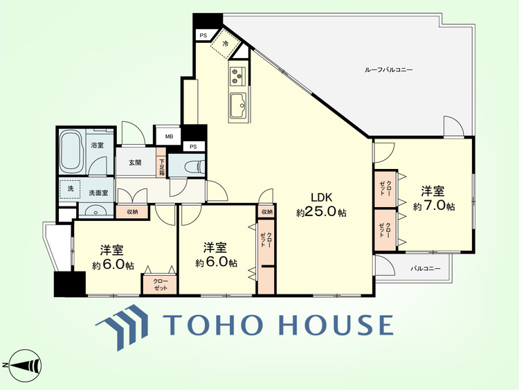 間取り 3LDK　専有面積93.2平米、ルーフバルコニー面積24.93平米