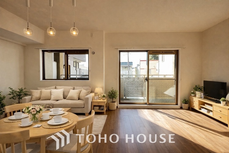 内装 ＊配置してある家具や小物はCGによるイメージ画像です。ゆったりとした幅の窓からこの空間に降り注ぐ採光が絶えない。明るいリビングこそ居心地のいい暮らしが待っているのだと思う。