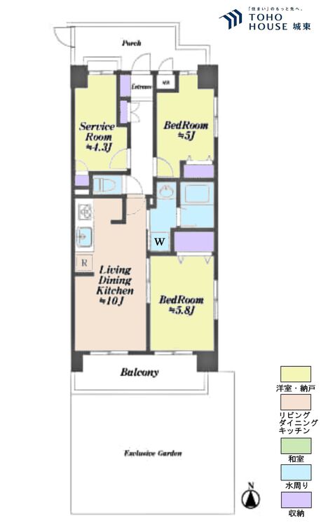 間取り ２ＳＬＤＫ、専有面積５６．１０平米、バルコニー面積７．２８平米