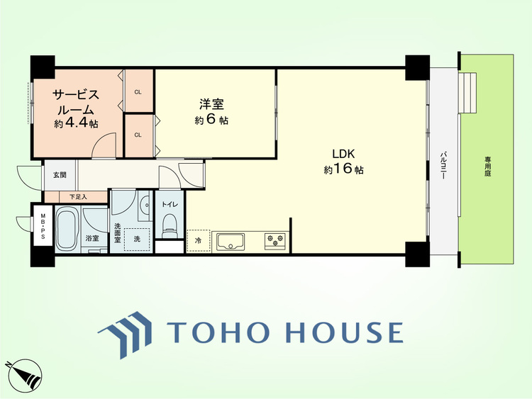 間取り 1SLDK　専有面積63.10平米、バルコニー面積5.17平米、専用庭面積22平米