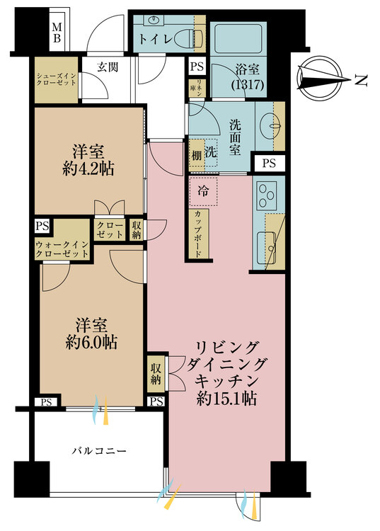 間取り 2LDK、専有面積60.03?、バルコニー面積6?