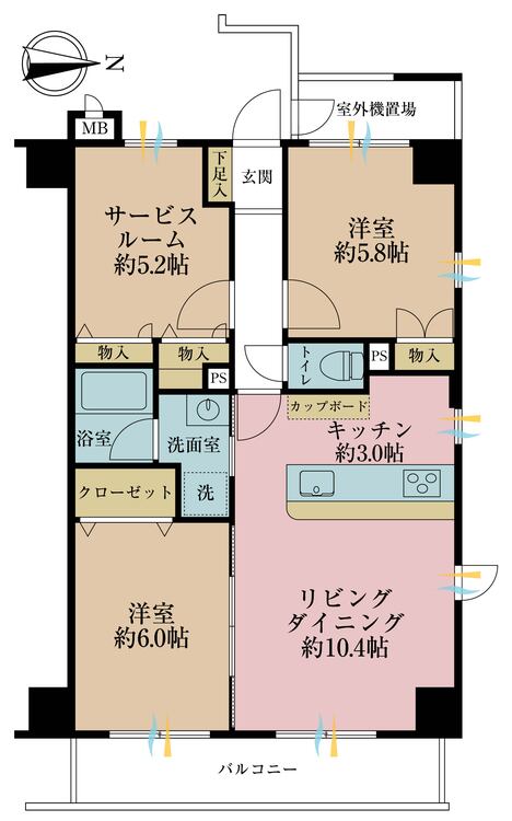 間取り 2SLDK,専有面積64.35?、バルコニー面積8.06?