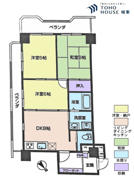間取り ３ＤＫ、専有面積５４．０３平米、バルコニー面積１６．５平米