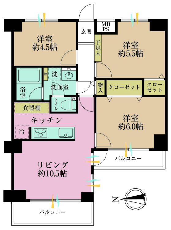 その他 3LDK、専有面積60.05m2、バルコニー面積7.47m2
