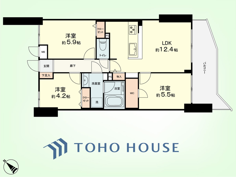 間取り 3LDK　専有面積62.41平米、バルコニー面積10.28平米