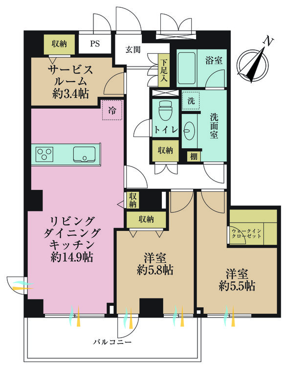 その他 2LDK+S（納戸）、専有面積74.99m2、バルコニー面積6.74m2