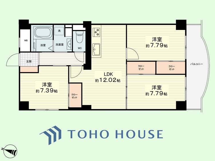 間取り 3LDK　専有面積57.90平米、バルコニー面積7.22平米