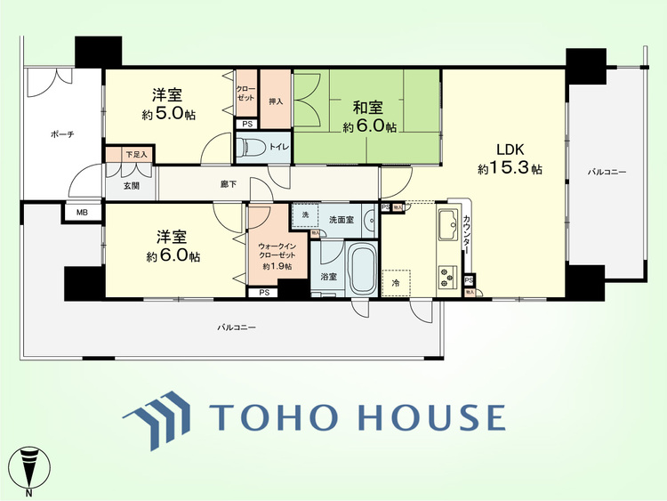 間取り 3LDK　専有面積73.70平米、バルコニー面積31.8平米