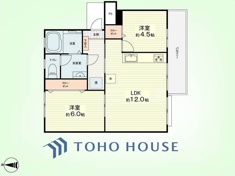 間取り 2LDK　専有面積46.90平米、バルコニー面積5.5平米