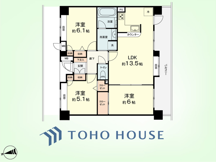 間取り 3LDK　専有面積67.28平米、バルコニー面積14.47平米※和室を洋室にリフォーム済みです