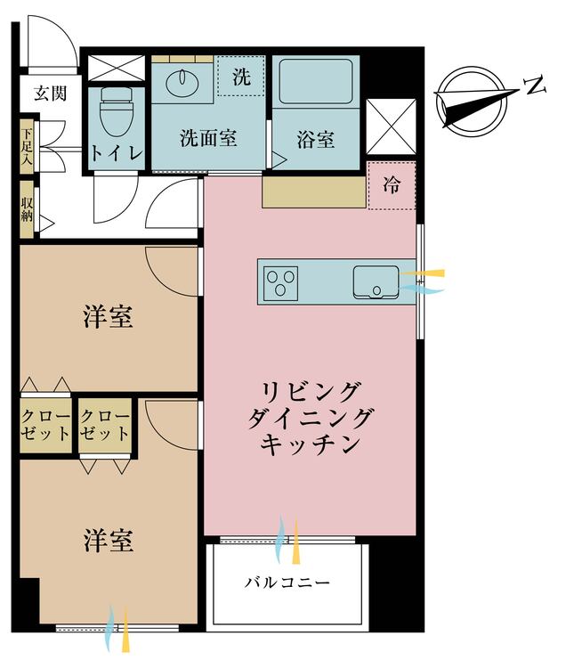 間取り 2LDK、専有面積48.11?、バルコニー面積3.48?