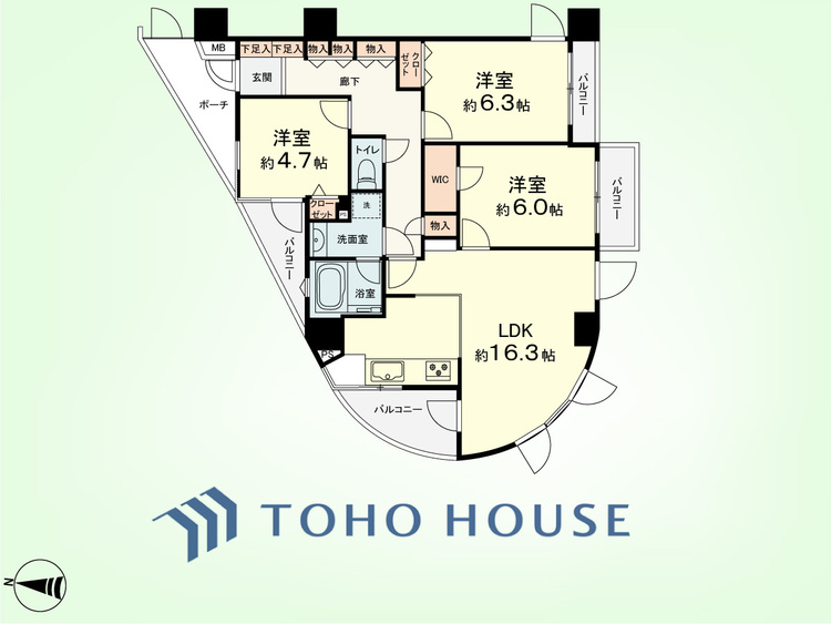 間取り 3LDK　専有面積76.79平米、バルコニー面積11.53平米