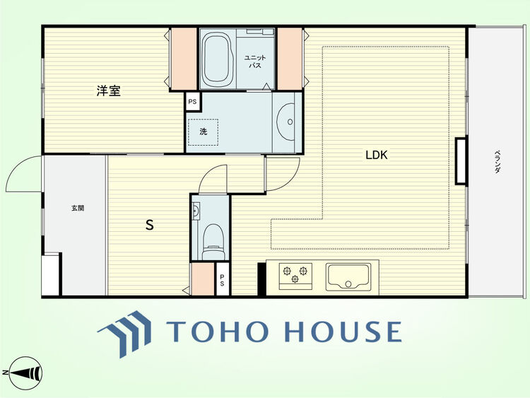 間取り 1SLDK　専有面積52.44平米、バルコニー面積6.84平米