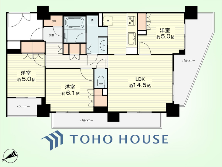 間取り 3LDK　専有面積70.60平米、バルコニー面積13.42平米