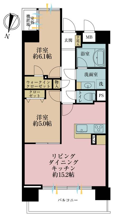 間取り 2LDK、専有面積60.99?、バルコニー面積8.52?