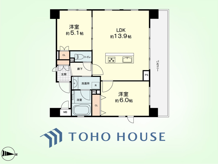 間取り 2LDK　専有面積53.14平米、バルコニー面積11.2平米