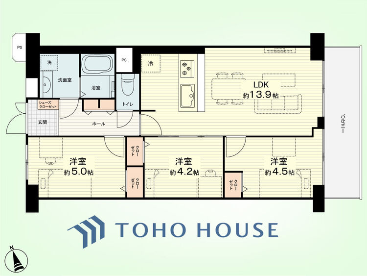間取り 3LDK　専有面積61.90平米、バルコニー面積6.16平米