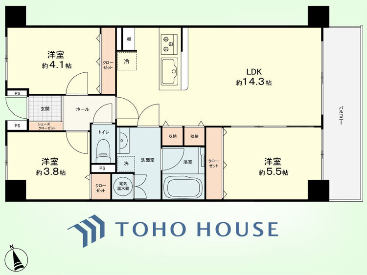 間取り 3LDK　専有面積70.53平米、バルコニー面積8.57平米