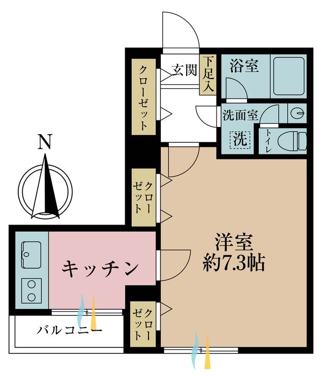 間取り 1K,専有面積30.68?、バルコニー面積2.2?