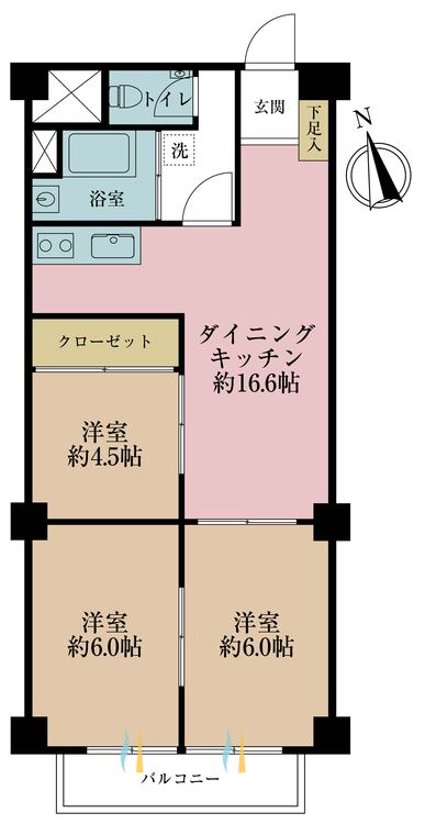 間取り 3DK、専有面積52.46?、バルコニー面積不明