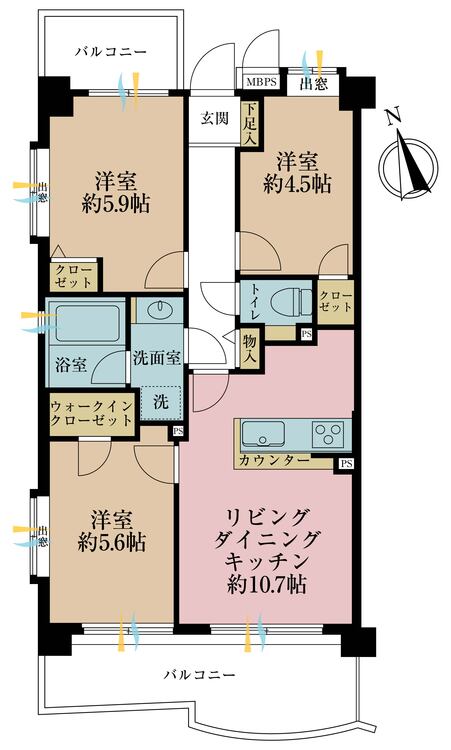 その他 3LDK、専有面積60.45m2、バルコニー面積14.19m2