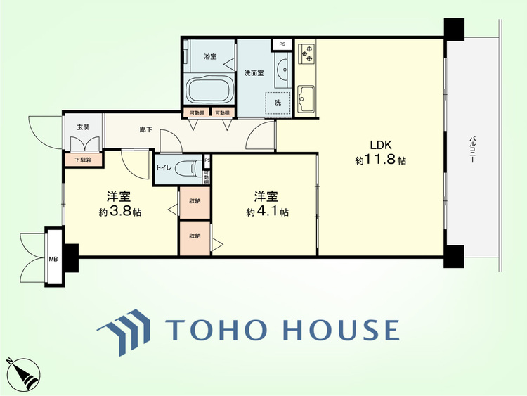 間取り 2LDK　専有面積51.42平米、バルコニー面積7.48平米