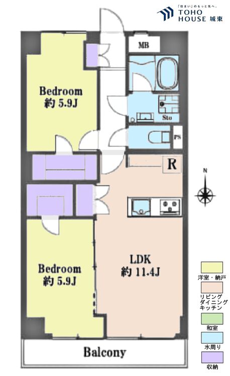 間取り ２ＬＤＫ、専有面積５６．５４平米、バルコニー面積６．９１平米