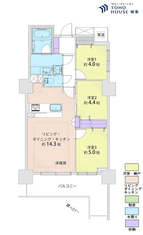 間取り ３ＬＤＫ、専有面積６２．０６平米、バルコニー面積１２．０２平米