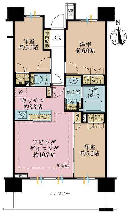 間取り ３ＬＤＫ、専有面積６４．１平米、バルコニー面積１２．３平米