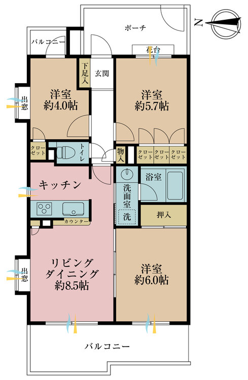 その他 3LDK、専有面積58.2m2、バルコニー面積11.34m2