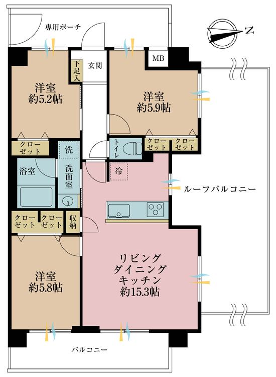 間取り 3LDK、専有面積69.66?、バルコニー面積9?、ルーフバルコニー面積40.55?