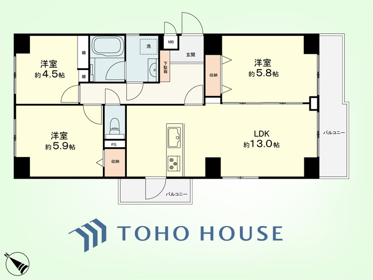間取り 3LDK　専有面積67.80平米、バルコニー面積8.41平米