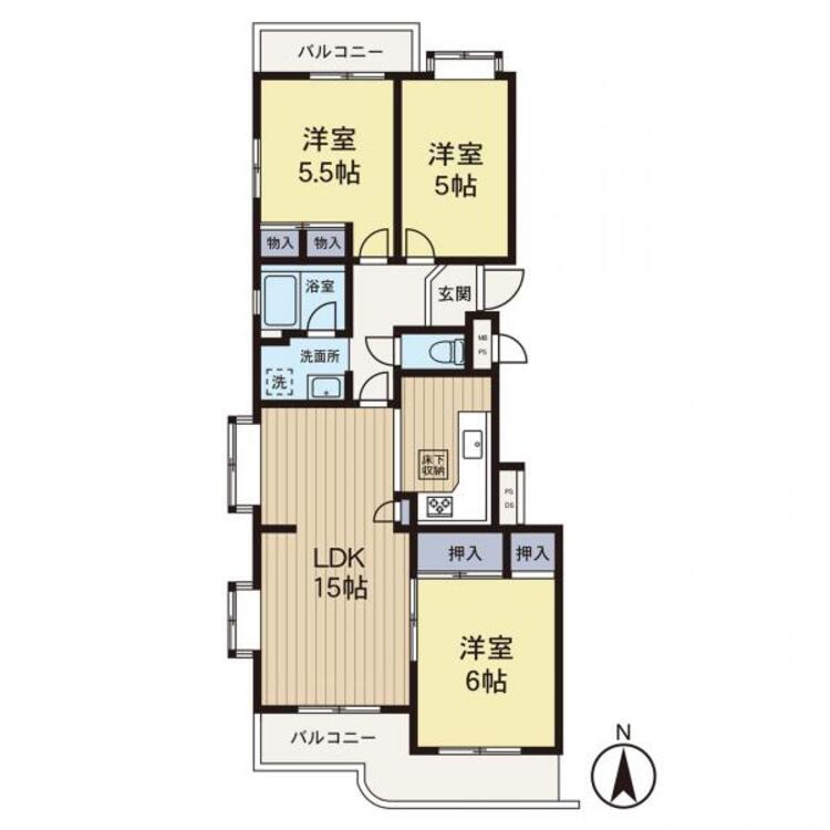 間取り 【間取り図】2面バルコニーで、陽当たりが良く3LDKの間取りです！