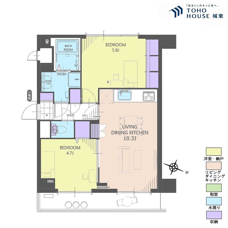 間取り ２ＬＤＫ、専有面積５０．４平米、バルコニー面積２．８平米
