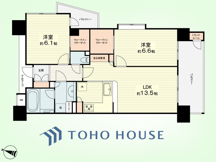 間取り 2LDK+TR　専有面積60.33平米、バルコニー面積12.20平米