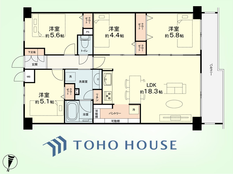 間取り 4LDK+LIN、パントリー　専有面積80.23平米、バルコニー面積9.57平米