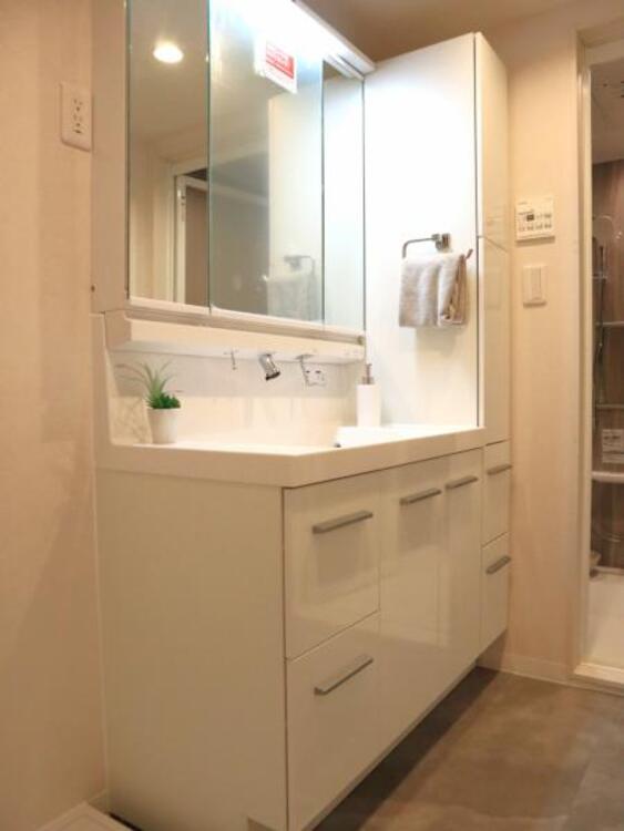 洗面 三面鏡の裏は機能的な収納を配置。コンセントも付いているため電動シェーバーや電動歯ブラシも収納できます。