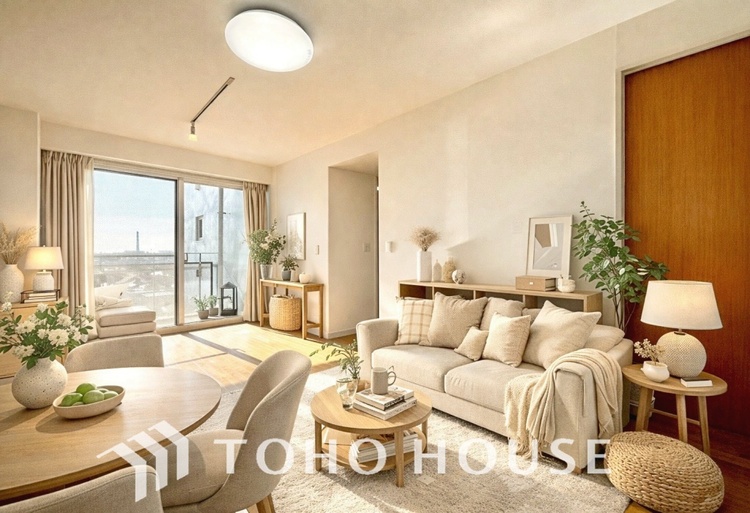 内装 ＊配置してある家具や小物はCGによるイメージ画像です。叶えたかったのは落ち着きのあるナチュラルな風合い、そして開放感があるリビング。優雅な気分に浸れる幸せな時間を家族が自然と集まりたくなるこの空間で。