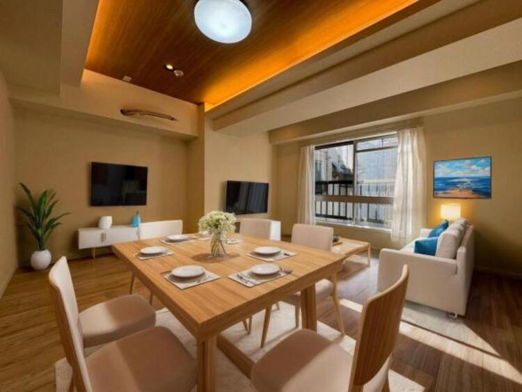 居間 家族の会話や笑顔が行き交うリビングで、子供を走り回らせたい。ダイニングテーブルでゆったり食事を堪能。光と風が溢れる開放的なリビングダイニングには、くつろぎの空間を生み自然と家族みんなが集まってきます