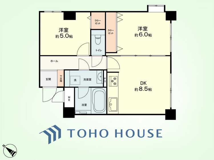 間取り 2DK　専有面積47.92平米、バルコニー面積6.56平米