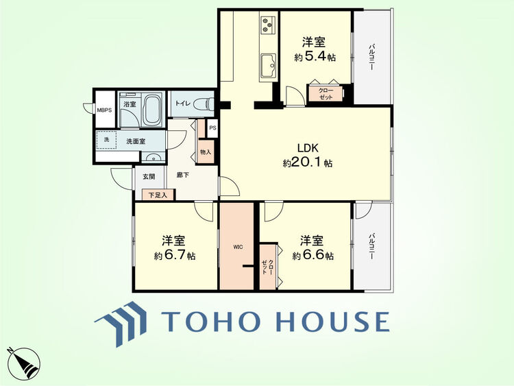 間取り 3LDK　専有面積88.96平米、バルコニー面積10.5平米