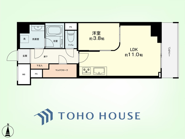 間取り 1LDK　専有面積40.74平米、バルコニー面積4.44平米