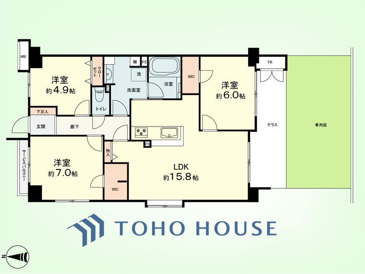 間取り 3LDK+TR　専有面積76.41平米、テラス面積10.58平米、、サービスバルコニー面積1.62平米、専用庭面積20.48平米