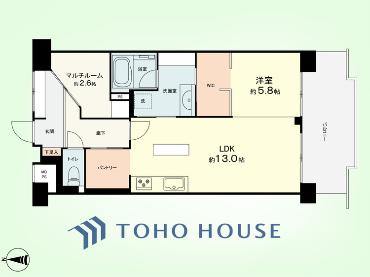 間取り 1LDK+マルチルーム、パントリー　専有面積52.47平米、バルコニー面積8.3平米