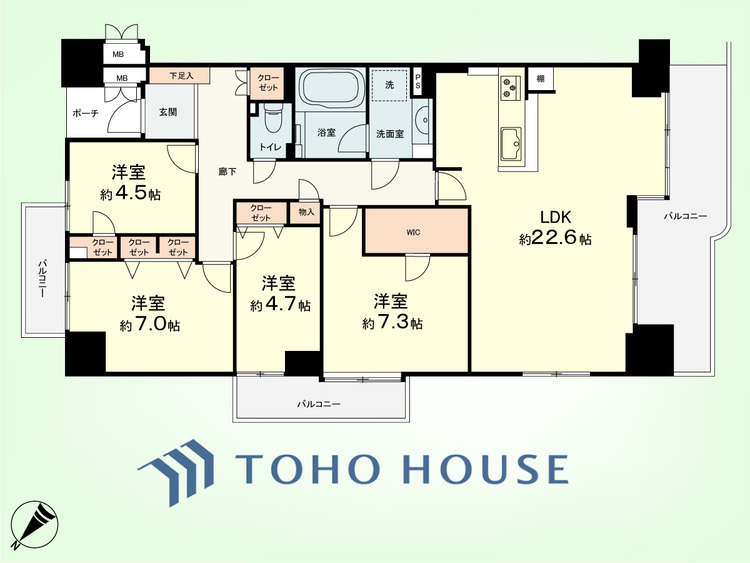 間取り 4LDK　専有面積105.22平米、バルコニー面積21.57平米