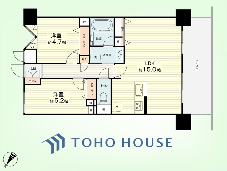 間取り 2LDK　専有面積59.72平米、バルコニー面積10.98平米