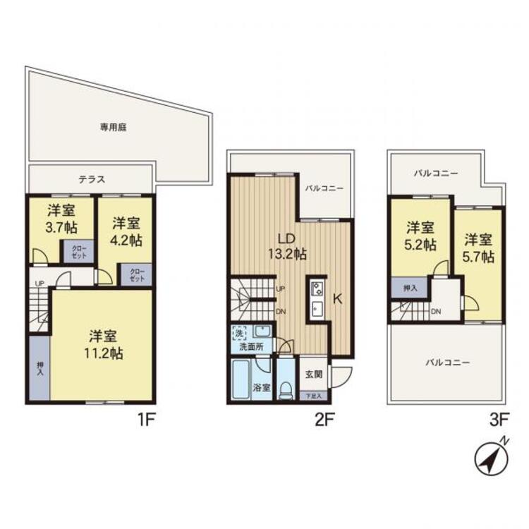 間取り 【間取り図】広々5LDKの間取りです！専用庭・テラス・バルコニーは３面備え陽当り良好です！