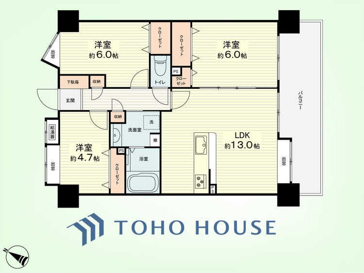 間取り 3LDK　専有面積65.45平米、バルコニー面積12.11平米